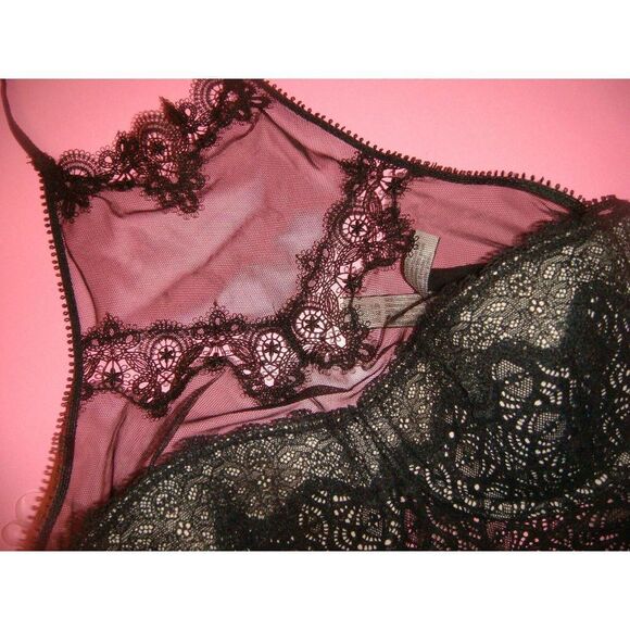 Victoria's Secret 36D BRA SET+garter TEDDY+L thong+ROBE BLACK embroidered lace - Picture 2 of 8